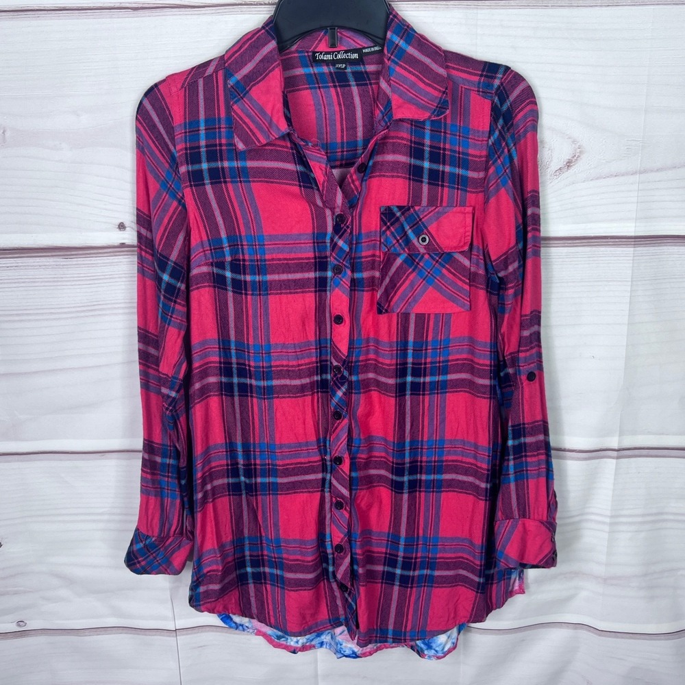 Tolani Collection Top Womens PXXS Red Blue Plaid Floral Shirt Button Up Tunic